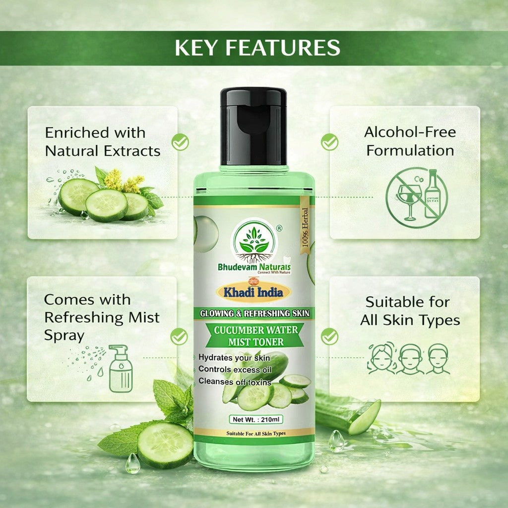 Bhudevam Naturals Khadi Pure Cucumber Water Mist Toner for Face | Hydrating Face Toner Spray for Refreshing Skin, Pore Care & Cooling Effect- 420ML (Pack of 2)
