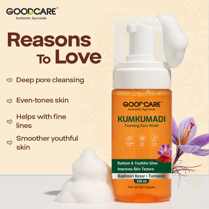 Goodcare Kumkumadi Glow Combo – Kumkumadi Oil 30ml + Foaming Face Wash 150ml Ayurvedic Brightening Skincare Set