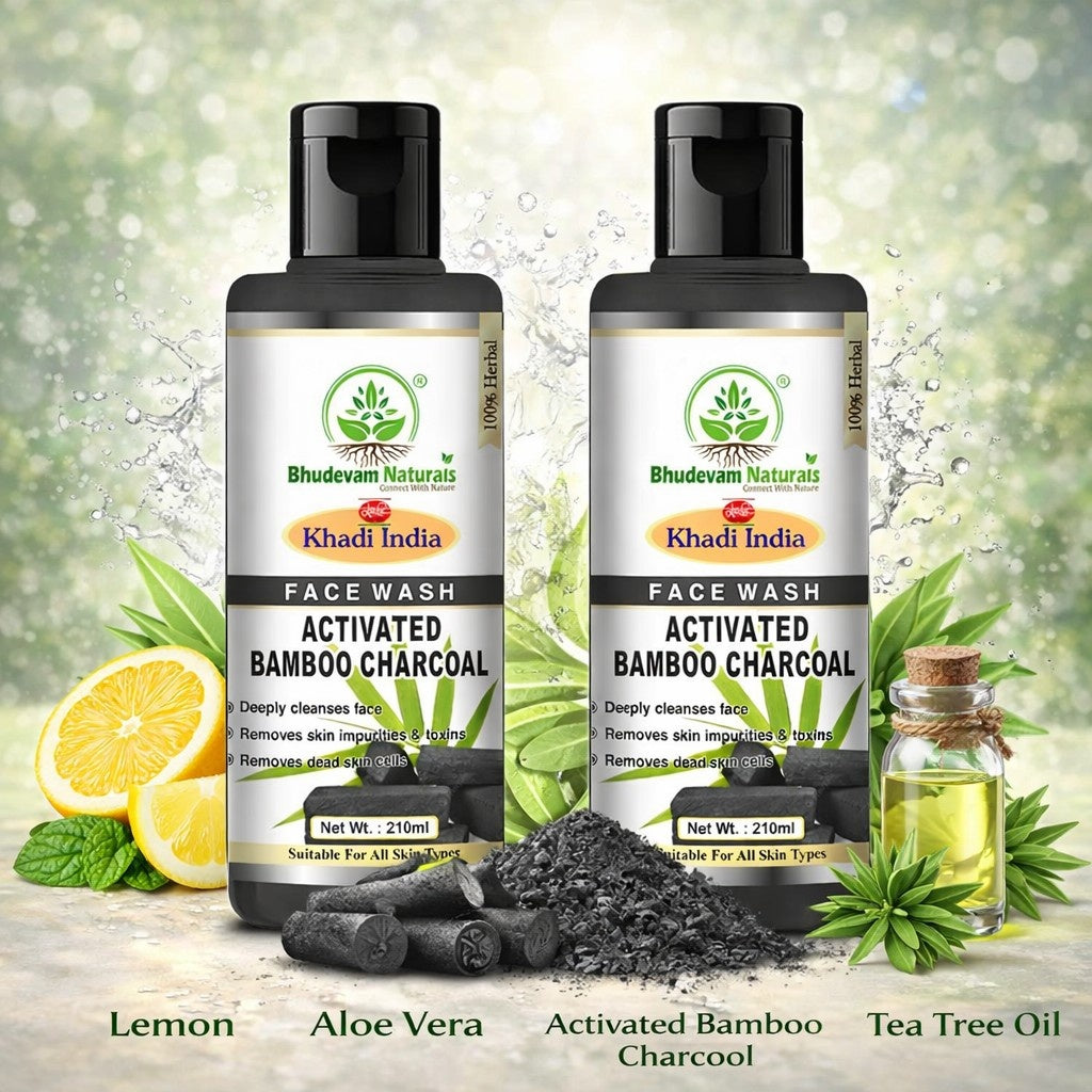 Bhudevam Naturals Khadi Bamboo Charcoal Herbal Face Wash – Reduces Acne, Pimples & Oiliness- 420ML (Pack of 2)