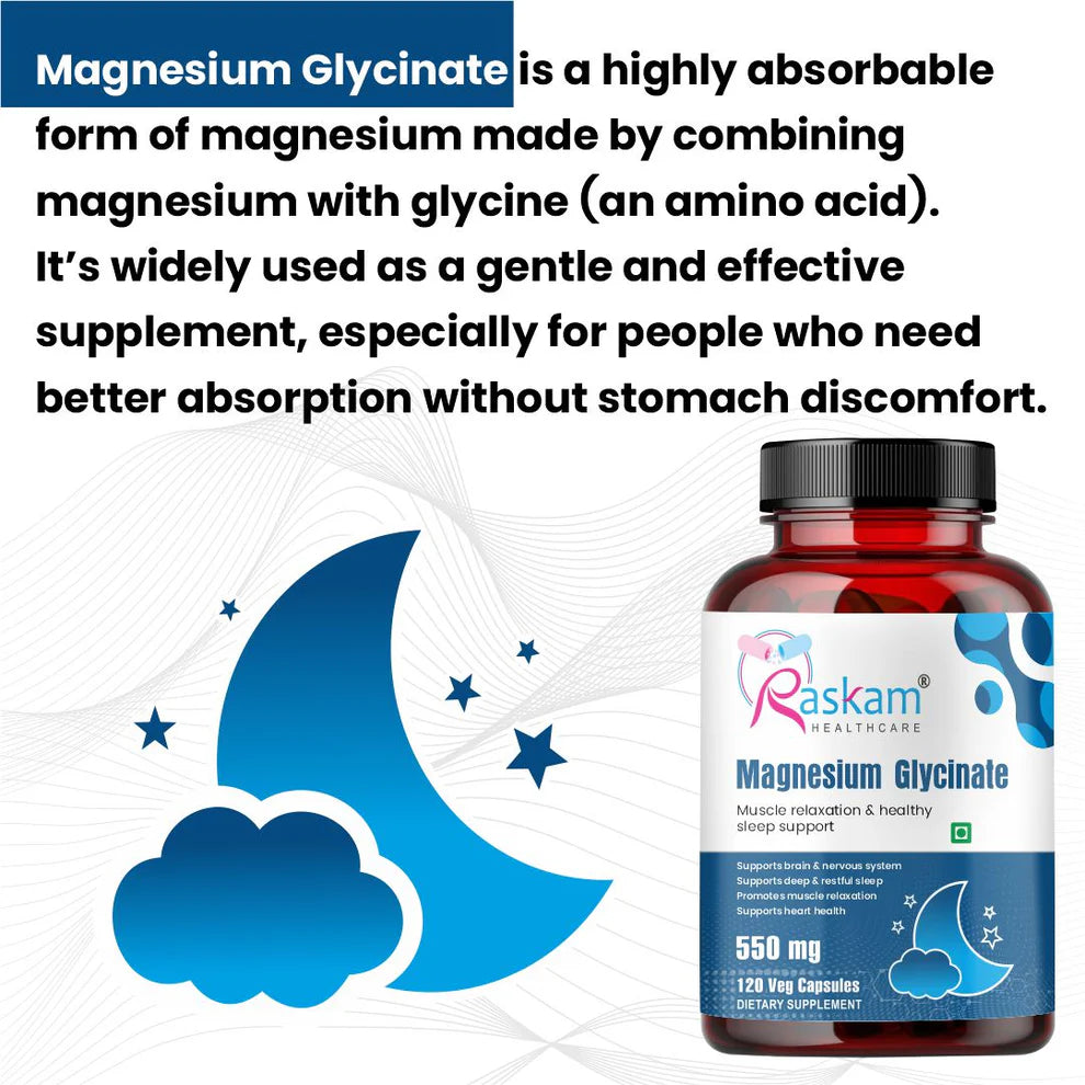 Raskam High Absorption Magnesium Glycinate -120 Vegetable Capsules ,550mg