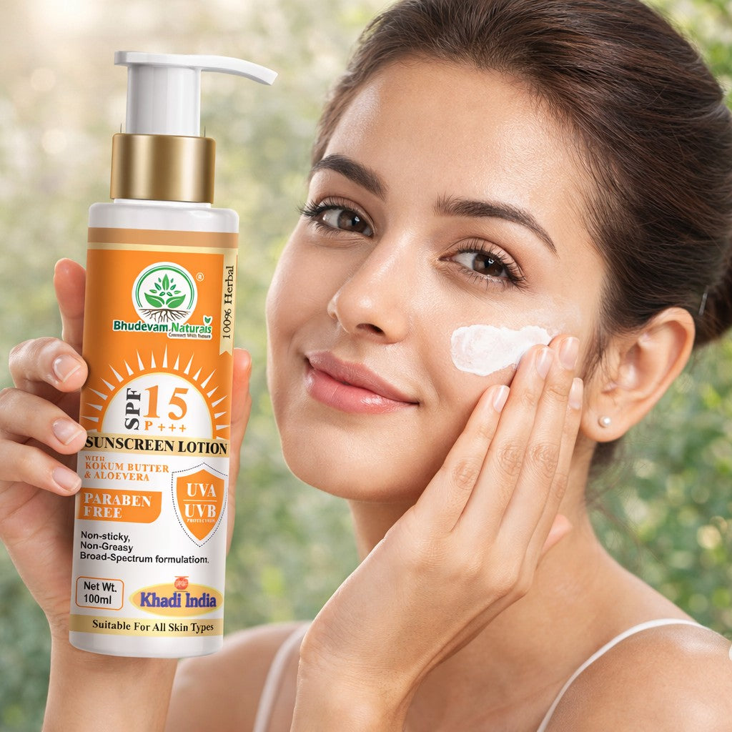 Bhudevam Naturals Khadi SPF 15 Sunblock Lotion for Face & Body | Daily UV Protection Moisturizing Sunscreen- 100ML