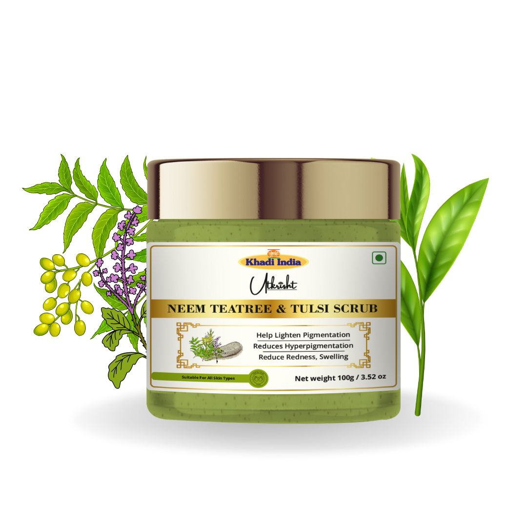 Khadi Neem & Tea Tree Face Scrub | Exfoliating Scrub for Oily & Acne-Prone Skin | Helps Remove Dead Skin, Dirt & Excess Oil | Pore Cleansing & Blemish Care | Herbal Ayurvedic Formula for Clear & Fresh-Looking Skin | 100 gm