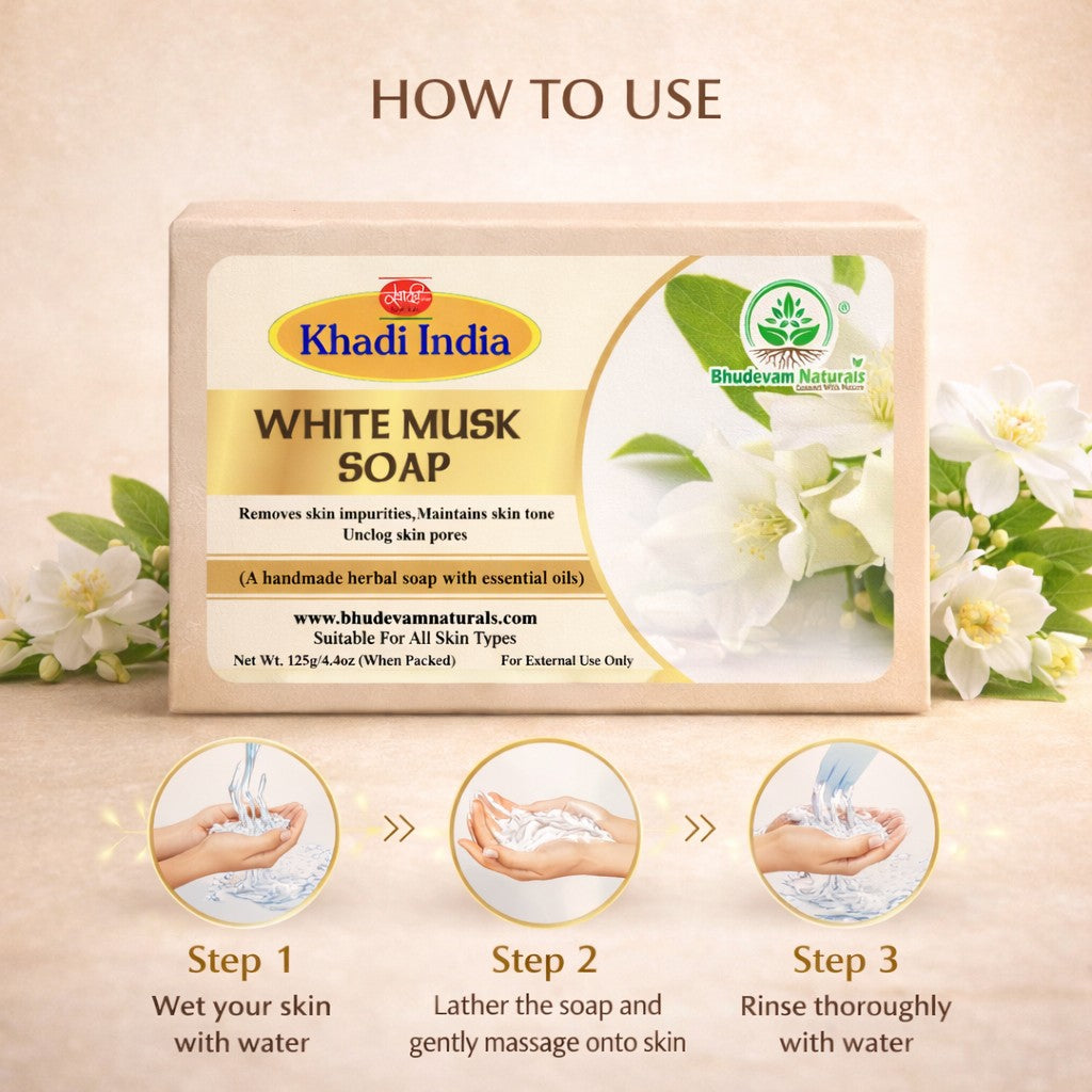 Bhudevam Naturals Khadi White Musk Soap – Luxury Fragrance Bath Soap for Soft & Smooth Skin- 500GM (Pack of 4)