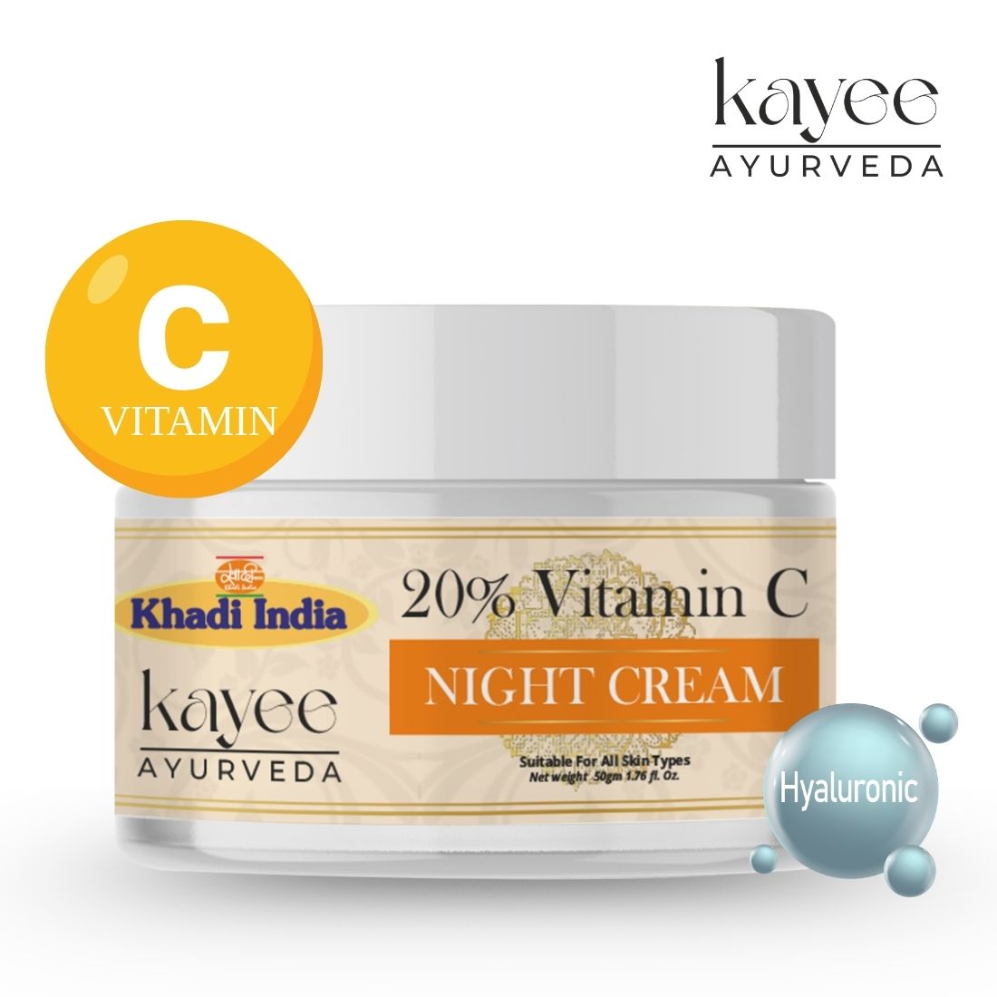 Kayee Ayurveda 20% Vitamin C Night Cream for Face, Brightening & Moisturizing Overnight Facial Cream for Dull Skin, Helps Improve the Appearance of Dark Spots, Uneven Skin Tone & Texture | 50 g