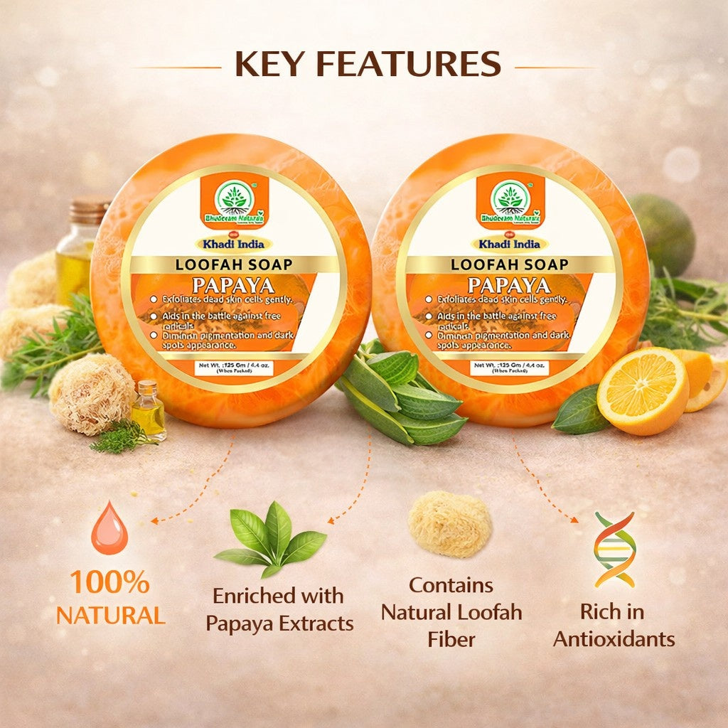 Bhudevam Naturals Khadi Papaya Loofah Soap – Natural Exfoliating Bath Soap for Glowing & Smooth Skin- 250GM (Pack of 2)