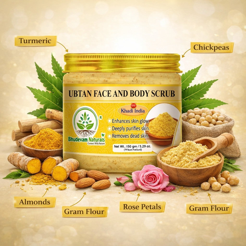 Bhudevam Naturals Khadi Ubtan Face & Body Scrub for Tan Removal – Herbal Exfoliating Scrub for Brightening & Skin Polishing- 150GM