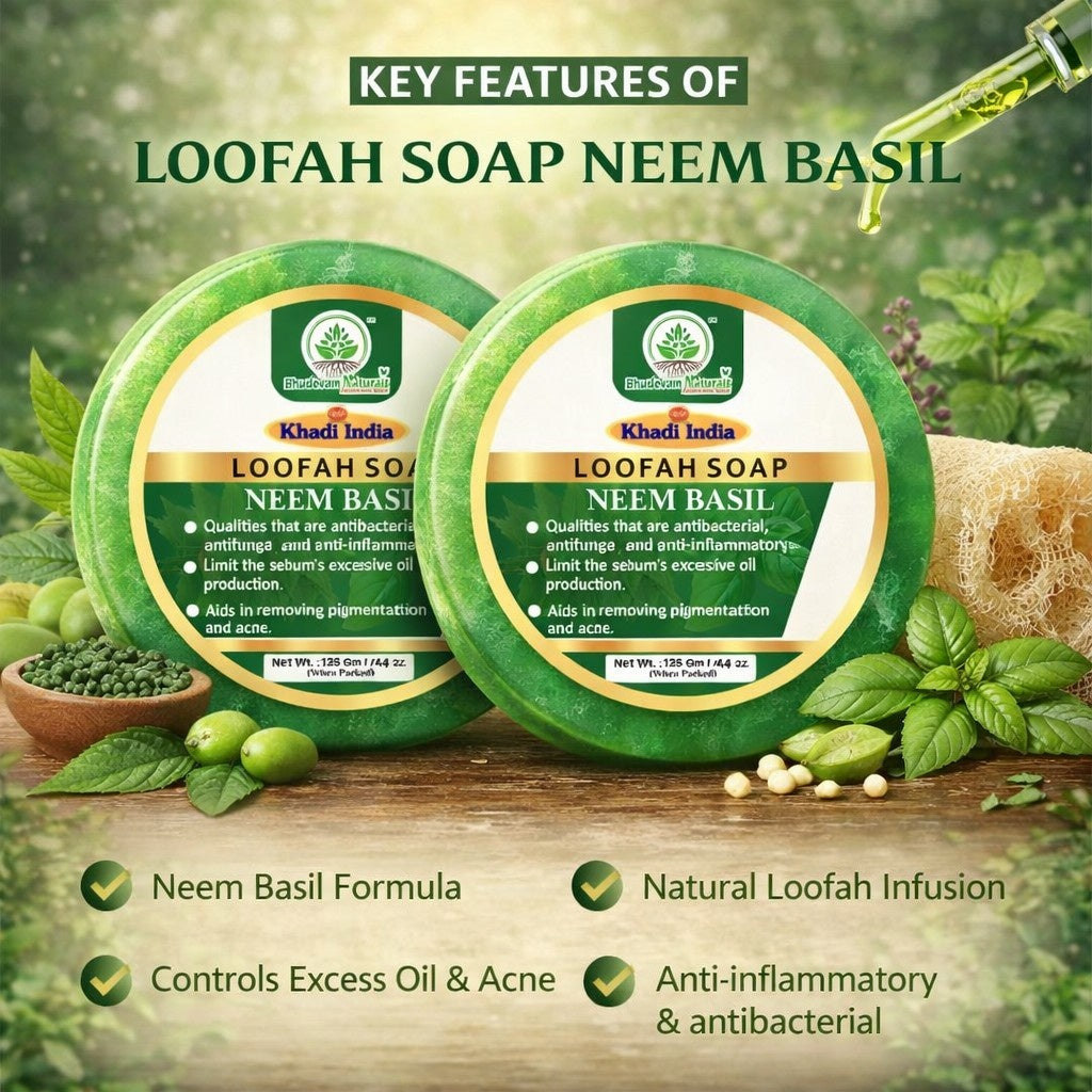 Bhudevam Naturals Khadi Neem & Basil Loofah Soap – Skin Purifying Exfoliating Soap Bar for Daily Use - 250GM (Pack of 2)