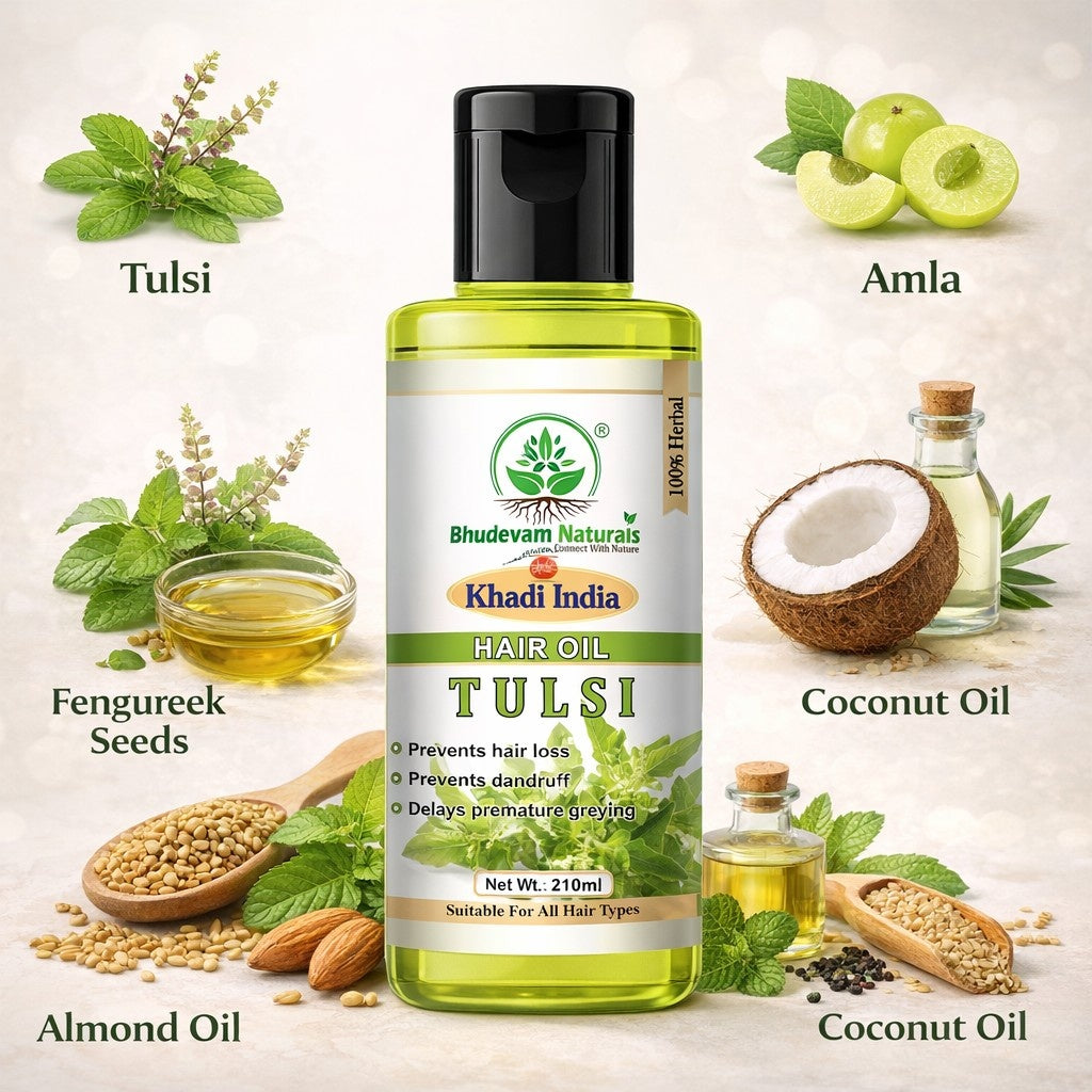 Bhudevam Naturals Khadi Tulsi Hair Oil Reduces Hair Fall & Strengthens Roots Naturally- 210ML