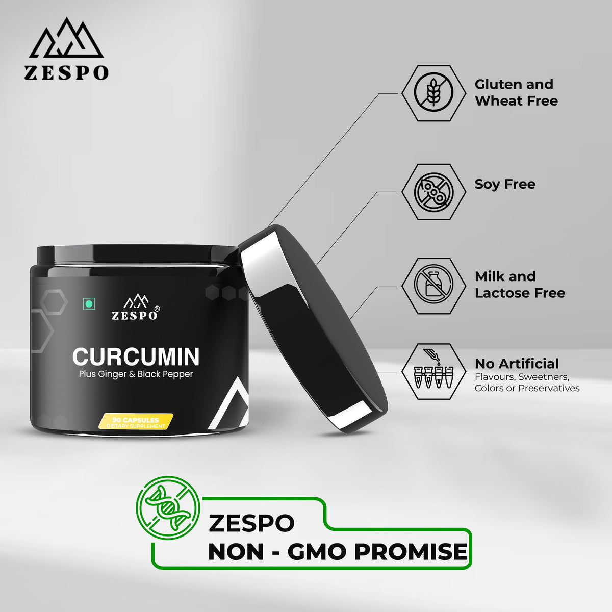 Zespo Curcumin 1,105 mg with Ginger & Black Pepper | 95% Curcuminoids | Joint Comfort, Mobility & Antioxidant Support | 90 Vegan Capsules