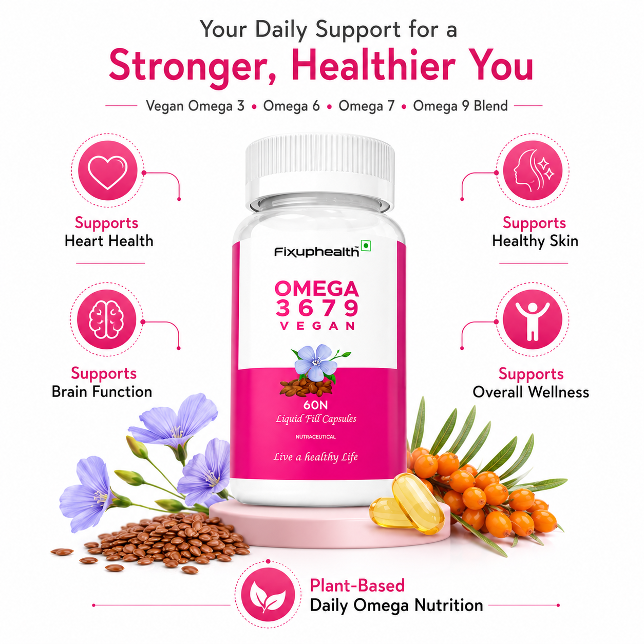Fixuphealth Omega 3 6 7 9 Vegetarian Capsules with Flaxseed Oil & Sea Buckthorn Capsule | Vegan Plant Based Omega Supplement for Hair, Skin, Brain, Muscle, Bone & Joint Health | 60 Veg Capsules