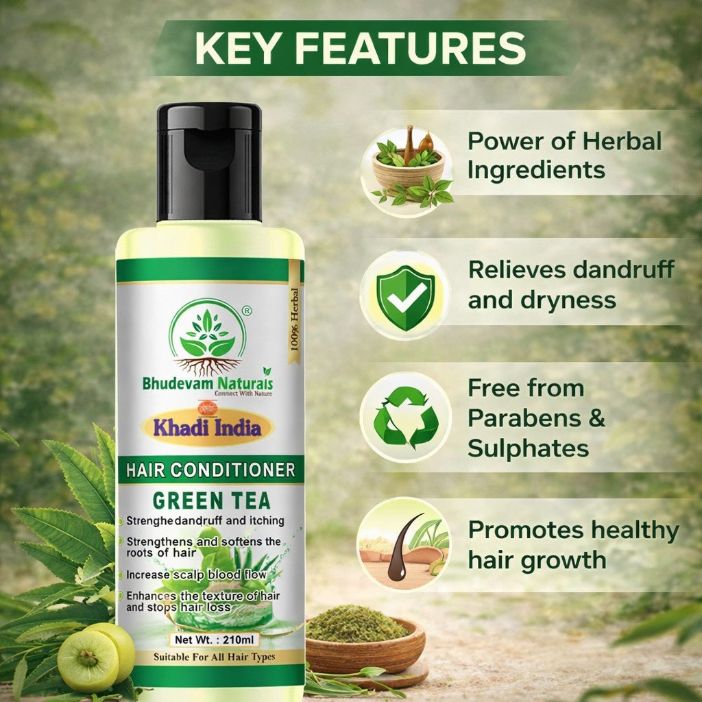 Bhudevam Naturals Khadi Green Tea Aloe Vera Conditioner – Strengthening & Moisturizing Hair Care Formula- 420ML (Pack of 2)