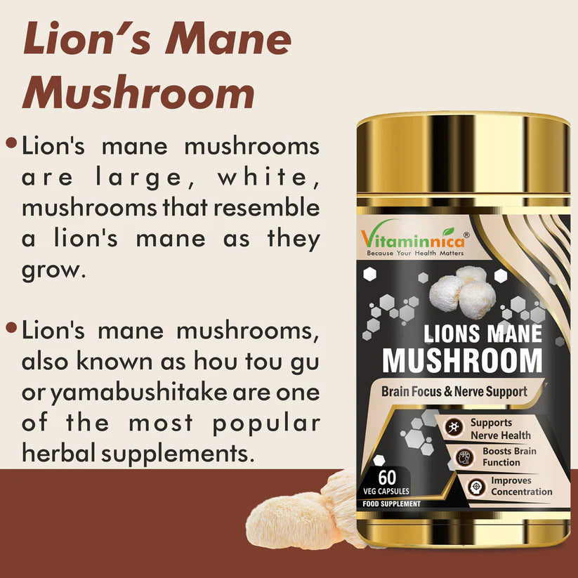 Vitaminnica Lion's Mane Mushroom Capsules - Brain Focus & Memory Support, 60 Count