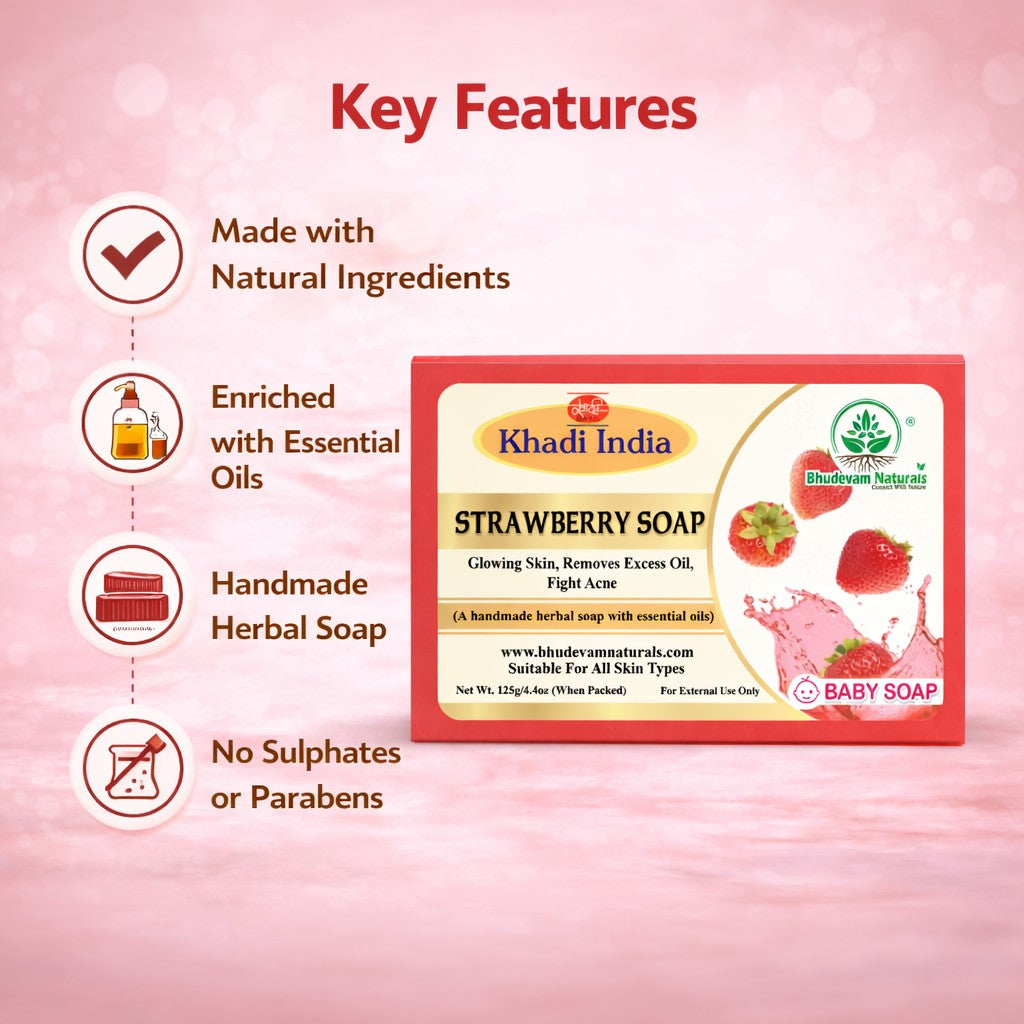 Bhudevam Naturals Khadi Strawberry Handmade Bath Soap for Soft, Smooth & Radiant Skin- 500GM (Pack of 4)