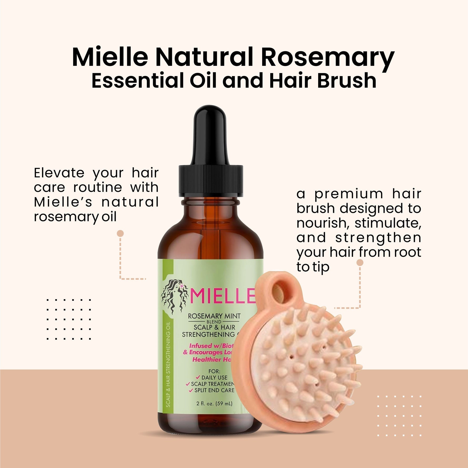 Mielle Rosemary Hair Growth & Strengthening Oil 59 ML + Super Soft Hair Brush – Anti-Dandruff, Exfoliating