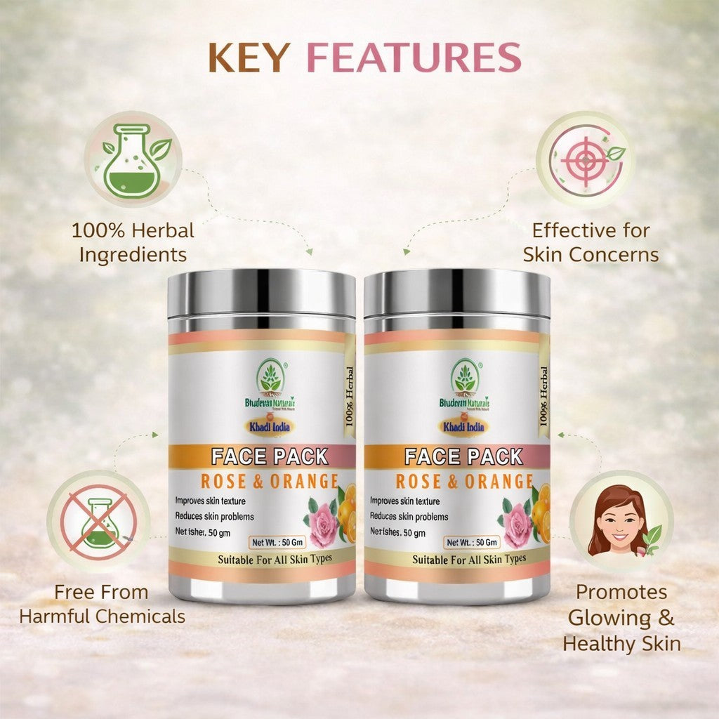 Bhudevam Naturals Khadi Rose & Orange Face Pack for Skin Brightening & Glow- 100GM (Pack of 2)