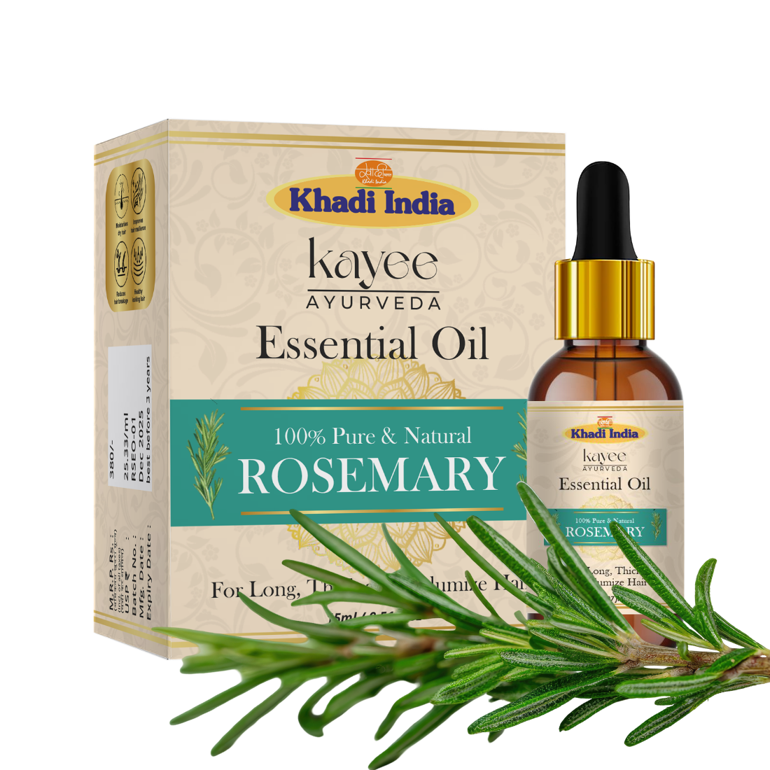 Kayee Ayurveda Rosemary Essential Oil for Hair Care, Aromatherapy, Diffuser & Massage | Refreshing Rosemary Aroma Oil for Scalp & Hair Care, Meditation, Yoga, Spa & Home Fragrance | Multi-Purpose Essential Oil | 15 ml