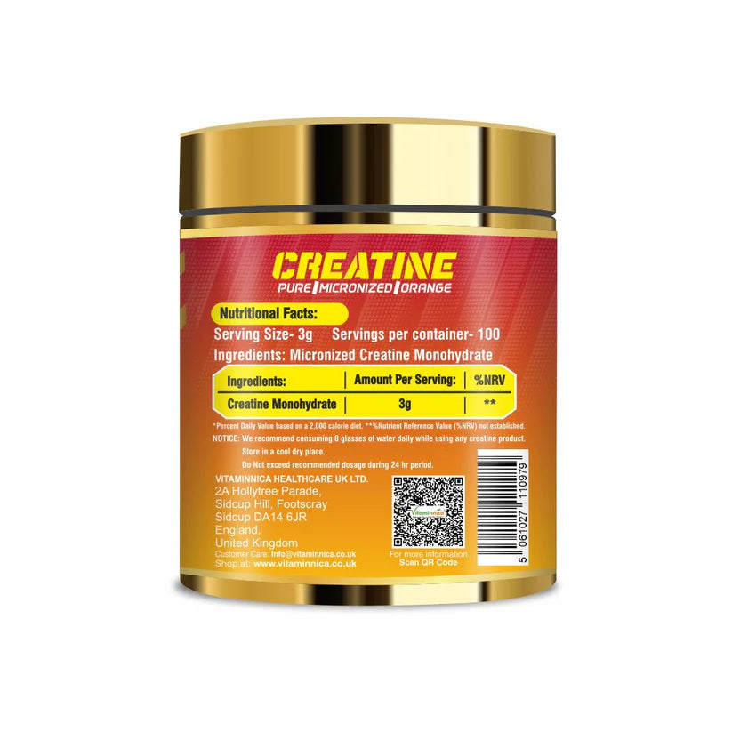 Vitaminnica Pure Creatine Monohydrate Powder - Orange Muscle Builder, 300g, 100 Servings
