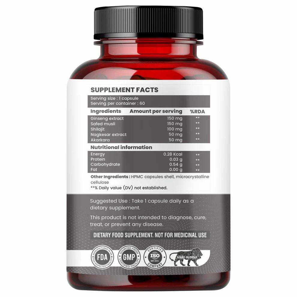 Raskam Men's Performance Booster 60 - Capsules - Improve Muscle Strength & Performance, Boost Energy for Men
