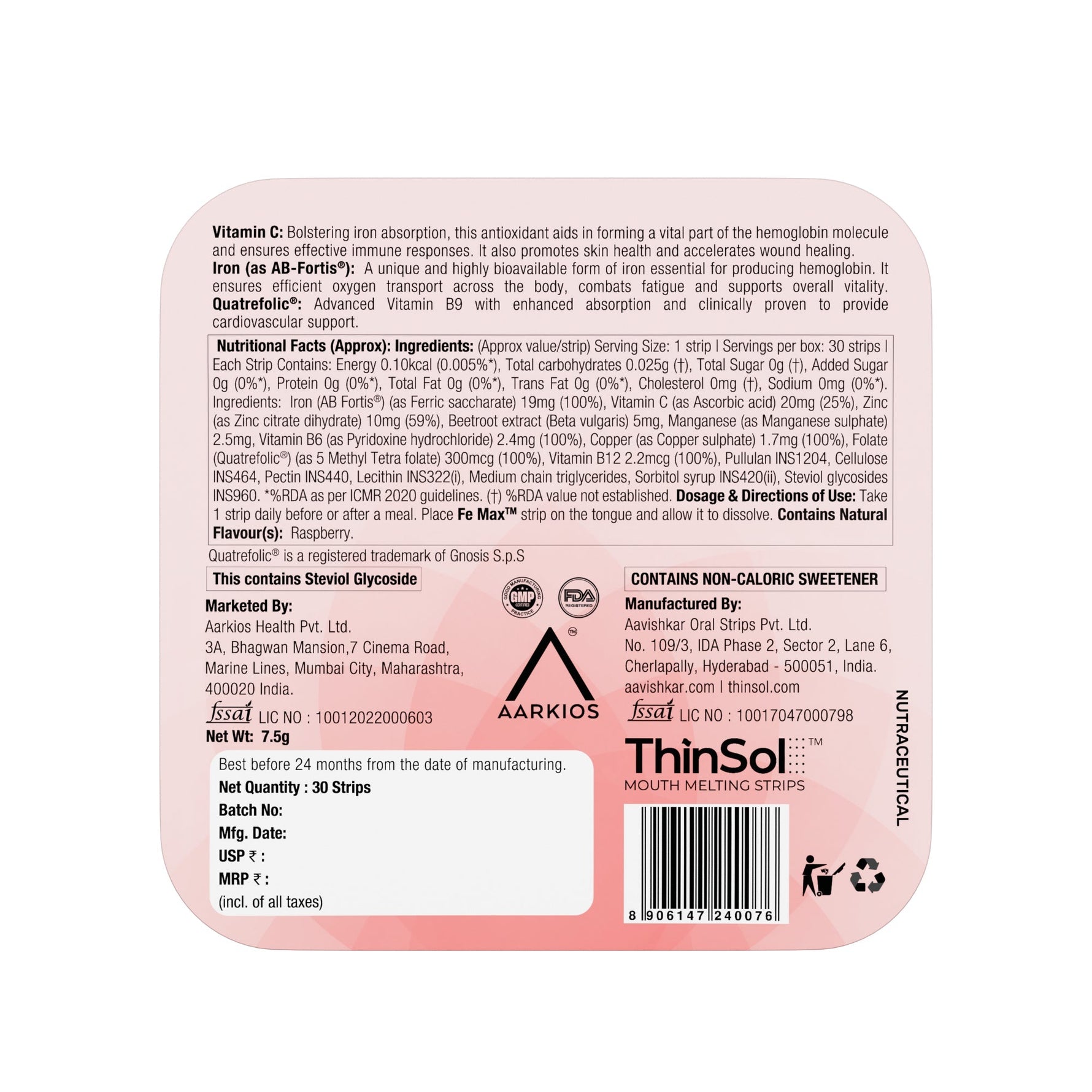 HealthAid Fe Max ThiSolves Disintegrating Strip Natural Raspberry Sugar Free - 30 Oral Strip