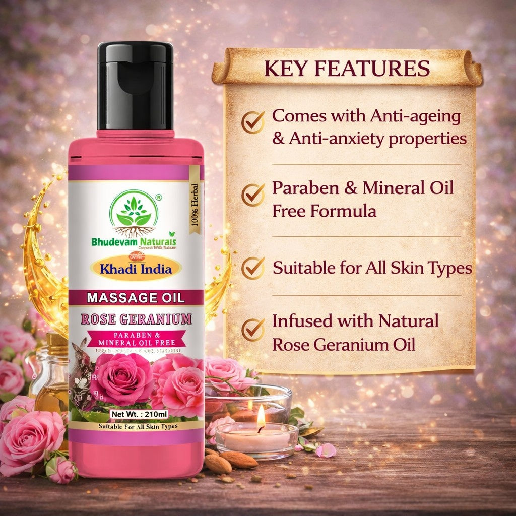 Bhudevam Naturals Rose Geranium Spa Therapy Massage Oil for Muscle Relaxation, Skin Care & Deep Hydration- 210ML