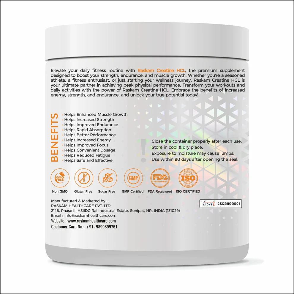 Raskam Pure Creatine HCL Powder (Unflavoured, 33 Sevings) | Rapid Absorption | Enhanced Muscle Strength & Power-100gm