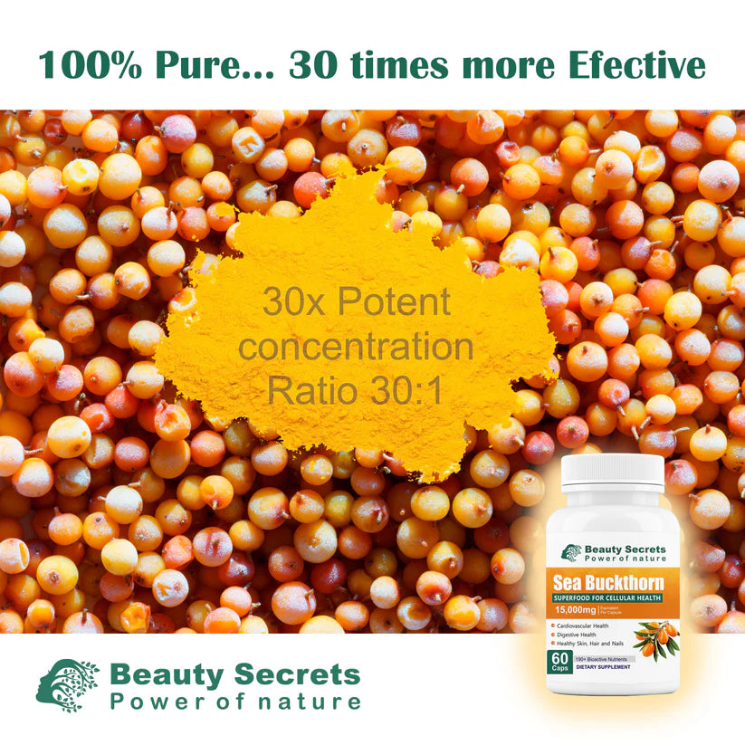 Beauty Secrets Sea Buckthorn Capsules 15000 mg | Sea Buckthorn Berry Extract | with Omega-7 | High Potency Antioxidant Supplement for Immune Support, Digestive & Heart Health | 60 Veg Capsules