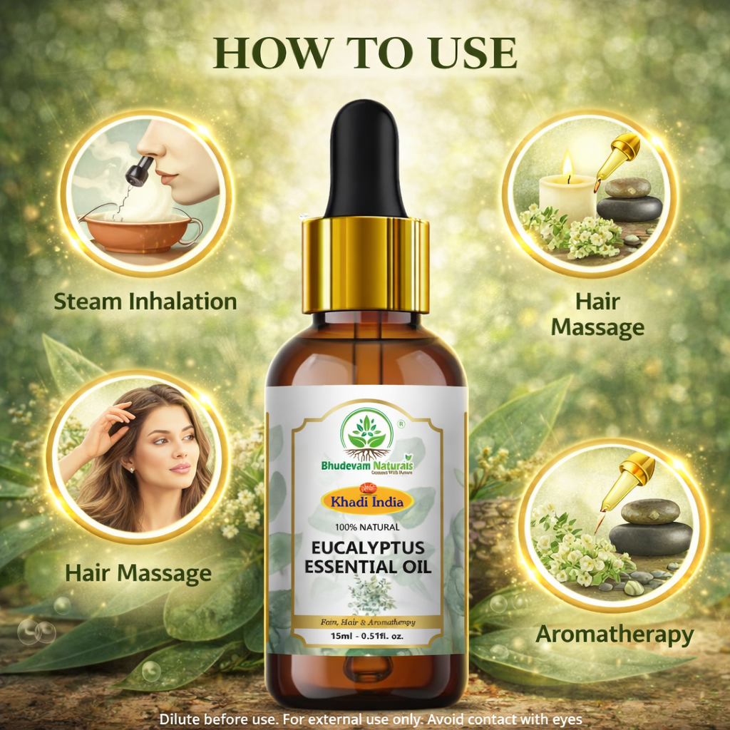 Bhudevam Naturals Khadi Eucalyptus Essential Oil for Steam Inhalation, Headache Relief & Muscle Pain - 15ML