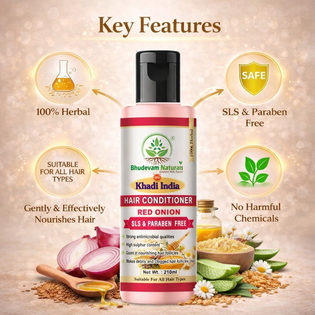 Bhudevam Naturals Khadi Red Onion Hair Conditioner For Smooth & Shiny Hair- 210ML