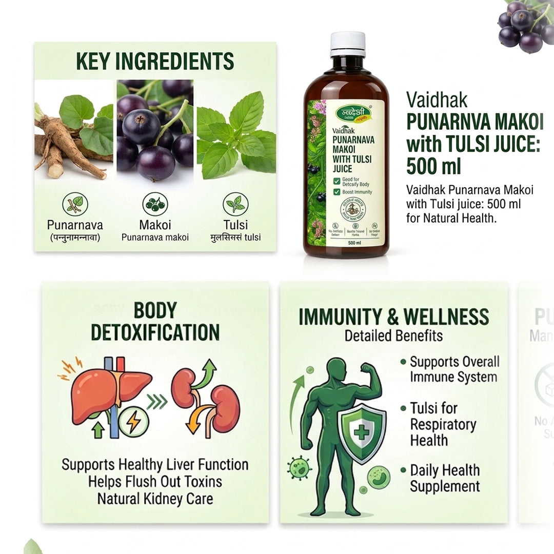 Swadeshi Ayurved Punarnava Makoi with Tulsi Juice 500 ml | Body Detox & Immunity Support.