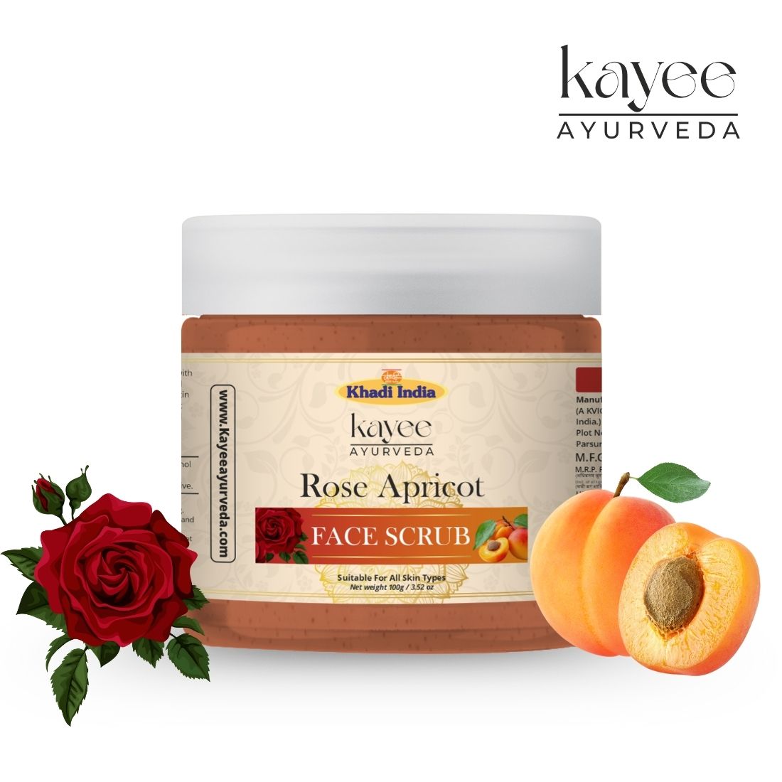 Kayee Ayurveda Rose Apricot Face Scrub for Men & Women | Herbal Exfoliating Facial Scrub for Deep Cleansing, Dead Skin Removal & Smooth Skin Care | Helps Remove Excess Oil & Impurities | Suitable for Regular Skincare Routine