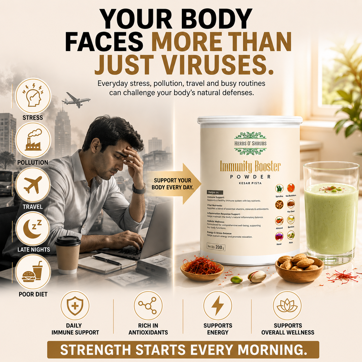 Herbs O’ Shrubs Immunity Booster Powder | Kesar Pista Flavour | Nutrition Powder | Ayurvedic Vitality Blend with Ashwagandha, Sea Buckthorn & Blue Green Algae | Vegan & Daily Immune Support,  200g