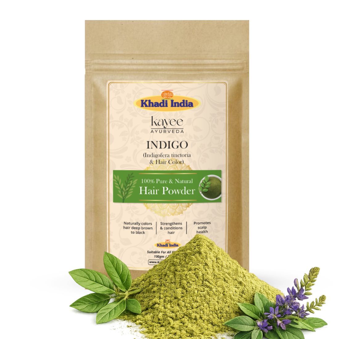 Kayee Ayurveda Indigo Hair Powder for Natural Hair Colouring | Pure Indigo Powder for Black & Dark Brown-Looking Hair | Herbal Hair Colour Powder for Grey Hair Coverage & Hair Care | Plant-Based Hair Dye Powder for Women & Men | 100 g