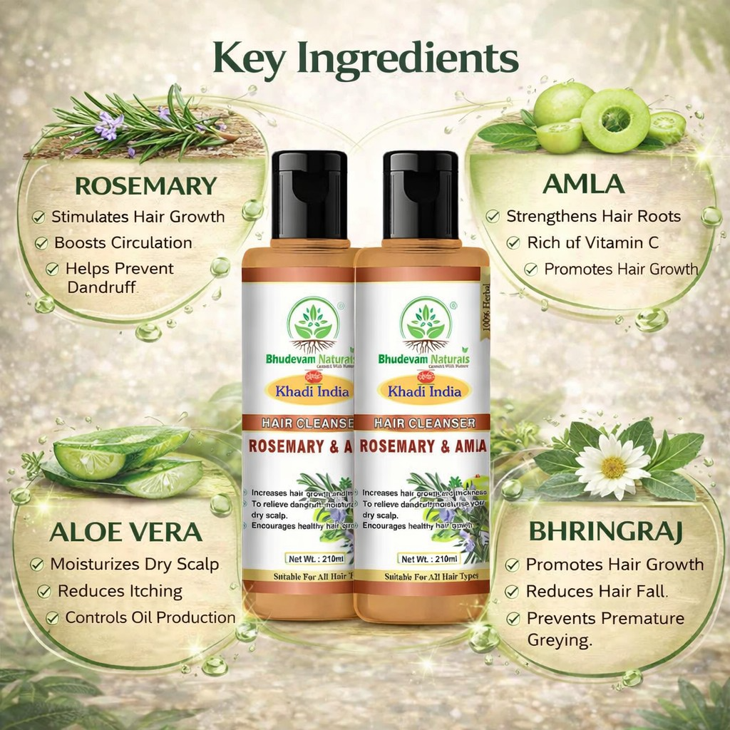 Bhudevam Naturals Khadi Rosemary & Amla Shampoo – Nourish, Repair & Smooth Hair- 420ML (Pack of 2)