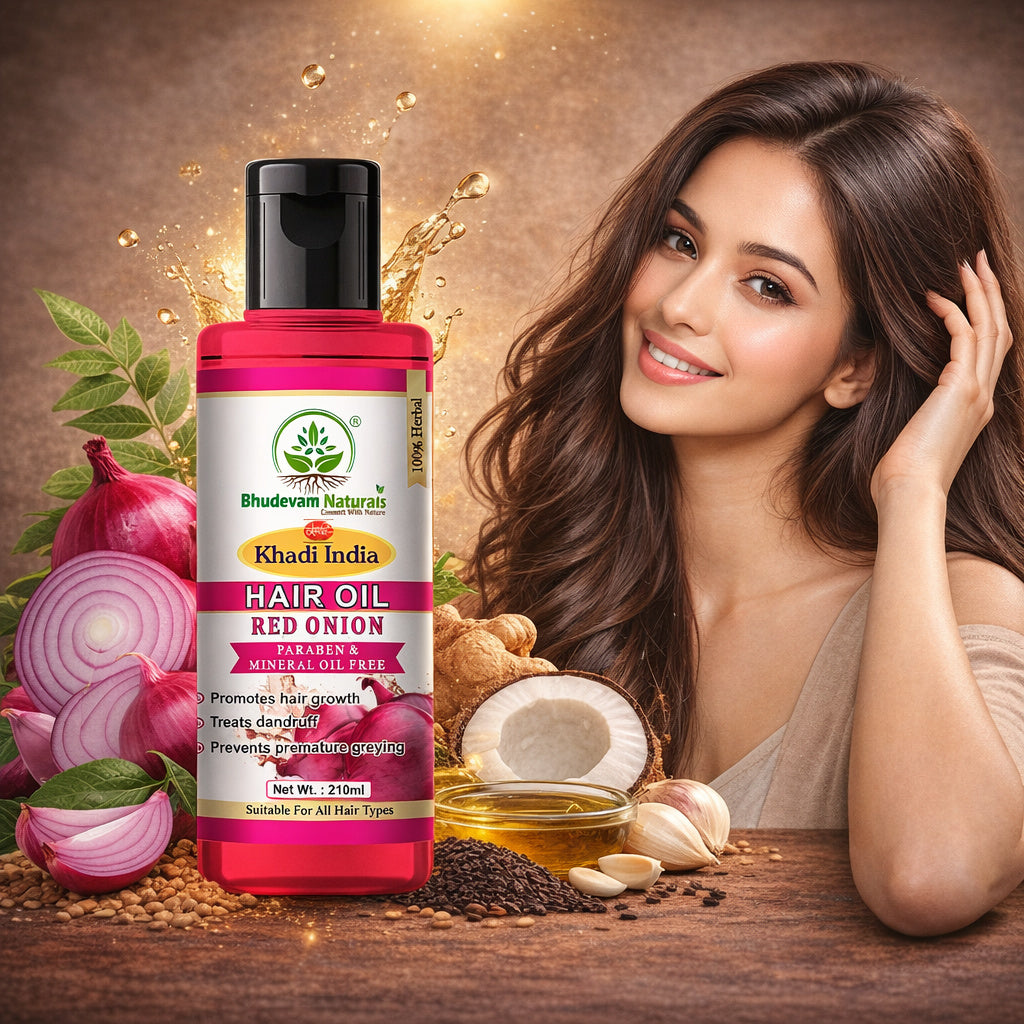Bhudevam Naturals Khadi Red Onion Hair Oil for Nourished Scalp & Healthy Hair- 210ML