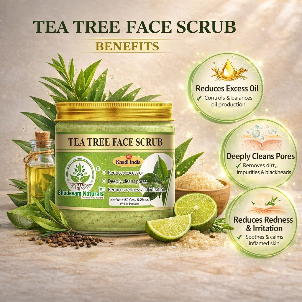 Bhudevam Naturals Khadi Tea Tree Face Scrub – Deep Cleansing Exfoliator for Acne, Pimples & Oil Control for Clear Skin- 150GM