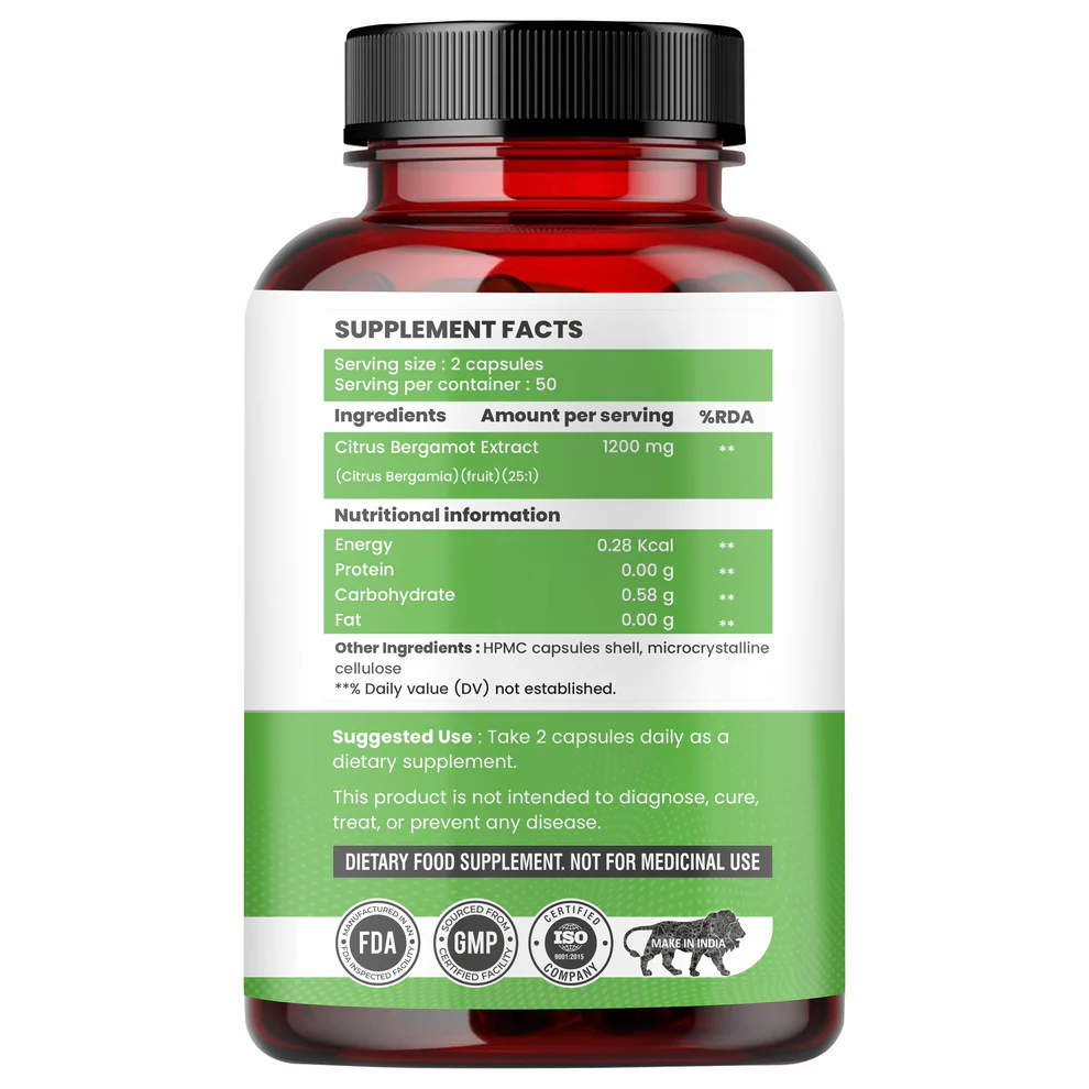 Raskam Citrus Bergamot 1200mg Supplement, 100 Veg Capsules, Antioxidant-Rich Complex for Heart Health and Immune Support