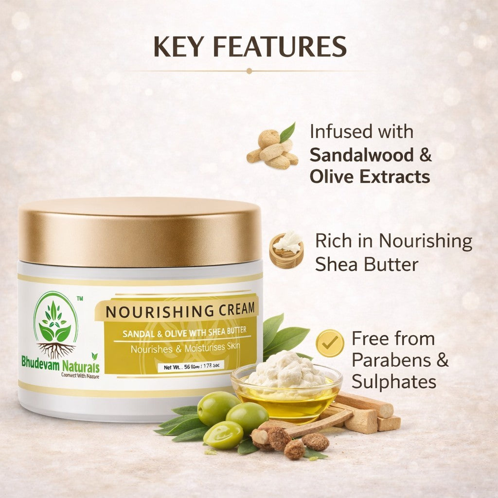 Bhudevam Naturals Khadi Sandal & Olive Face Nourishing Cream with Shea Butter – Deep Hydration Moisturizer for Soft & Glowing Skin- 50GM