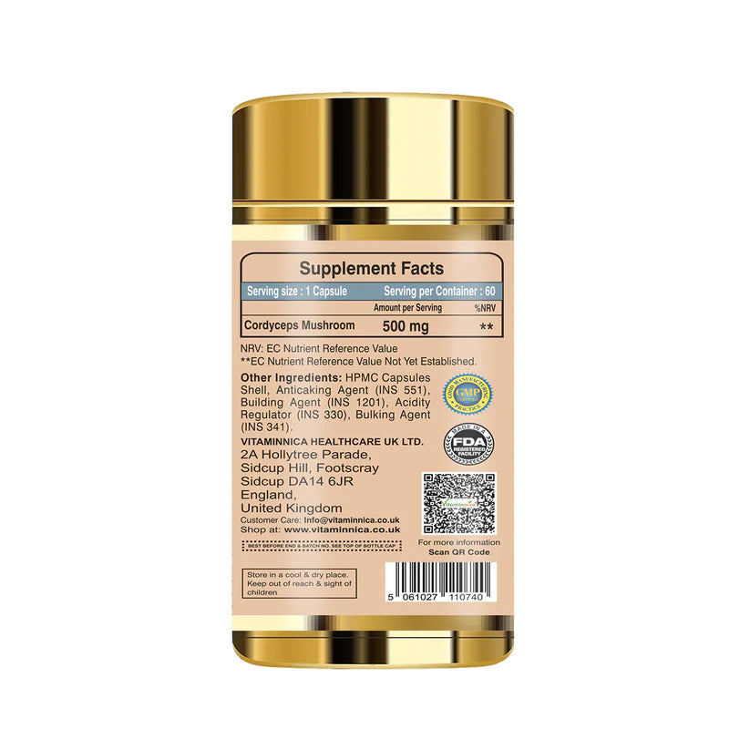 Vitaminnica Cordyceps Mushroom Capsules - ATP Energy Booster & Stamina, 60 Count