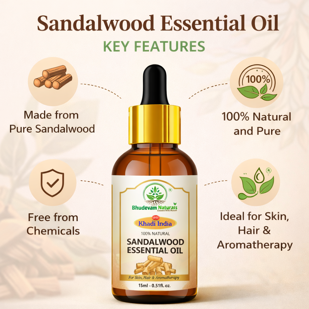 Bhudevam Naturals Khadi Sandalwood Essential Oil for Skin Care, Aromatherapy, Meditation, Diffuser & Massage -15ml