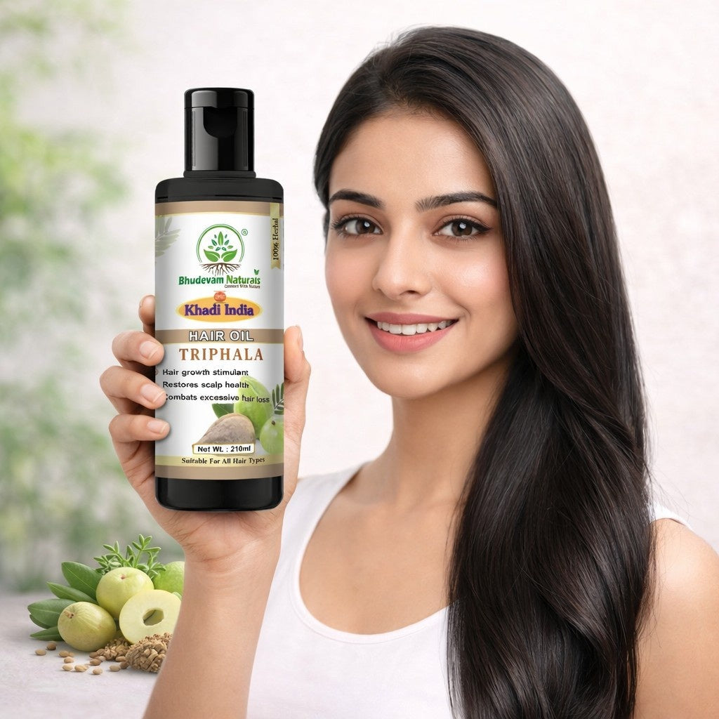 Bhudevam Naturals Khadi Triphla Hair Oil – Improves Hair Strength, Shine & Texture-210ML