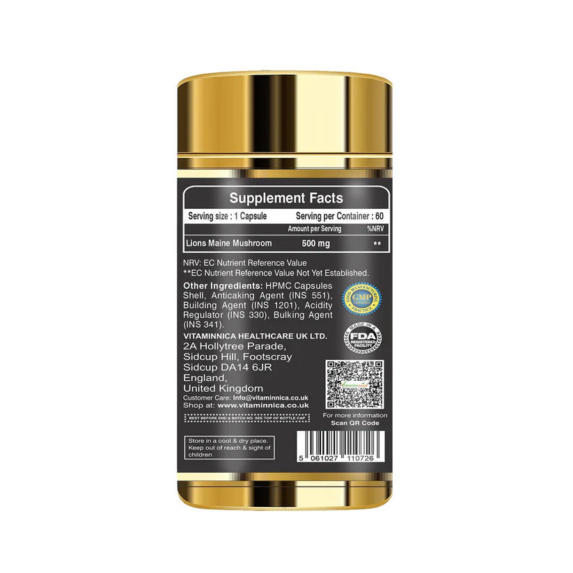 Vitaminnica Lion's Mane Mushroom Capsules - Brain Focus & Memory Support, 60 Count