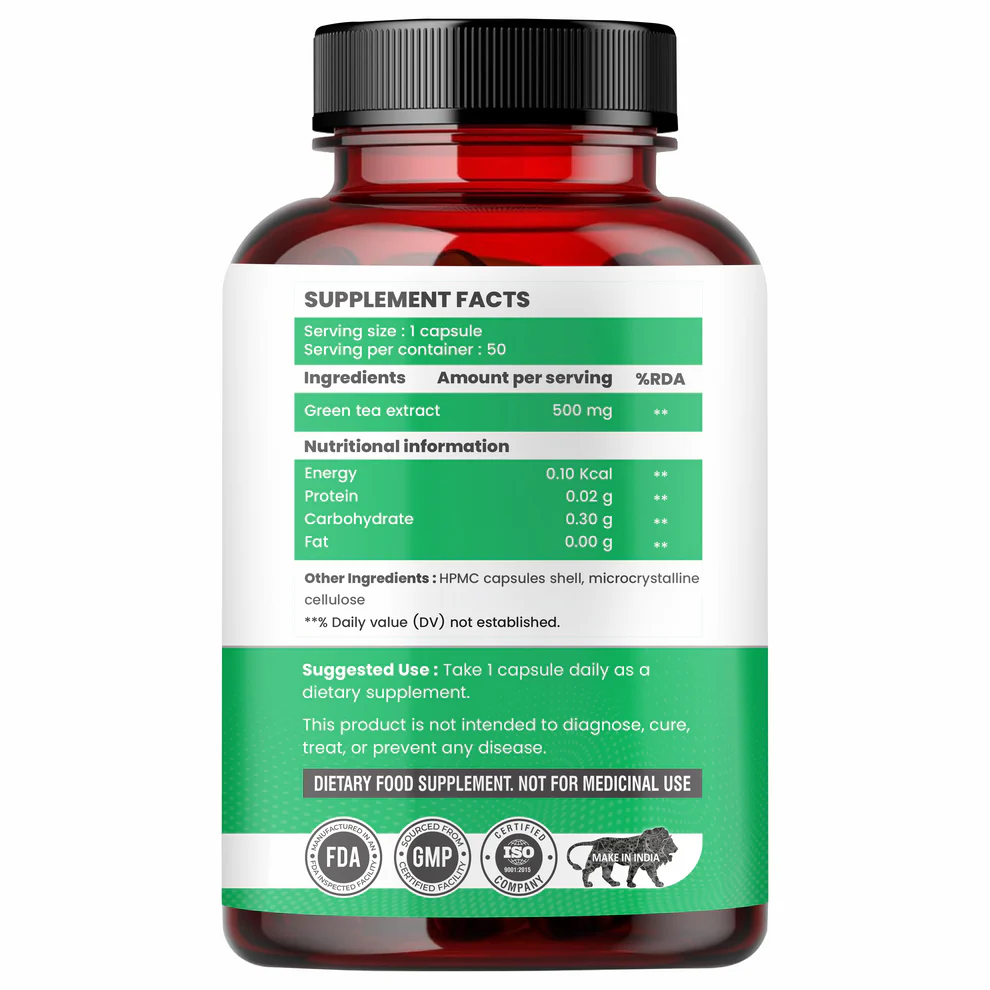 Raskam Green Tea Extract 500mg -60 Capsules with 90% Polyphenols & 45% EGCG- Weight Loss (Fat Burner) & Antioxidant