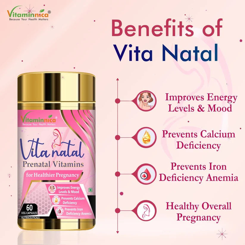 Vitaminnica Vita Natal Prenatal Capsules - Pregnancy Support for Mom & Baby, 60 Veg Count