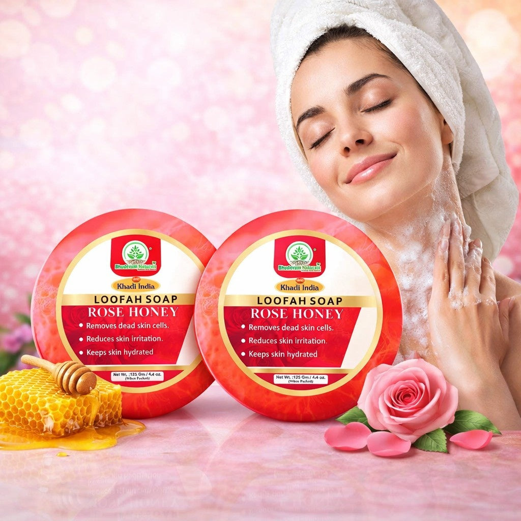 Bhudevam Natuals Khadi Rose Honey Loofah Soap – Natural Exfoliating Bath Soap for Soft & Glowing Skin- 250GM (Pack of 2)