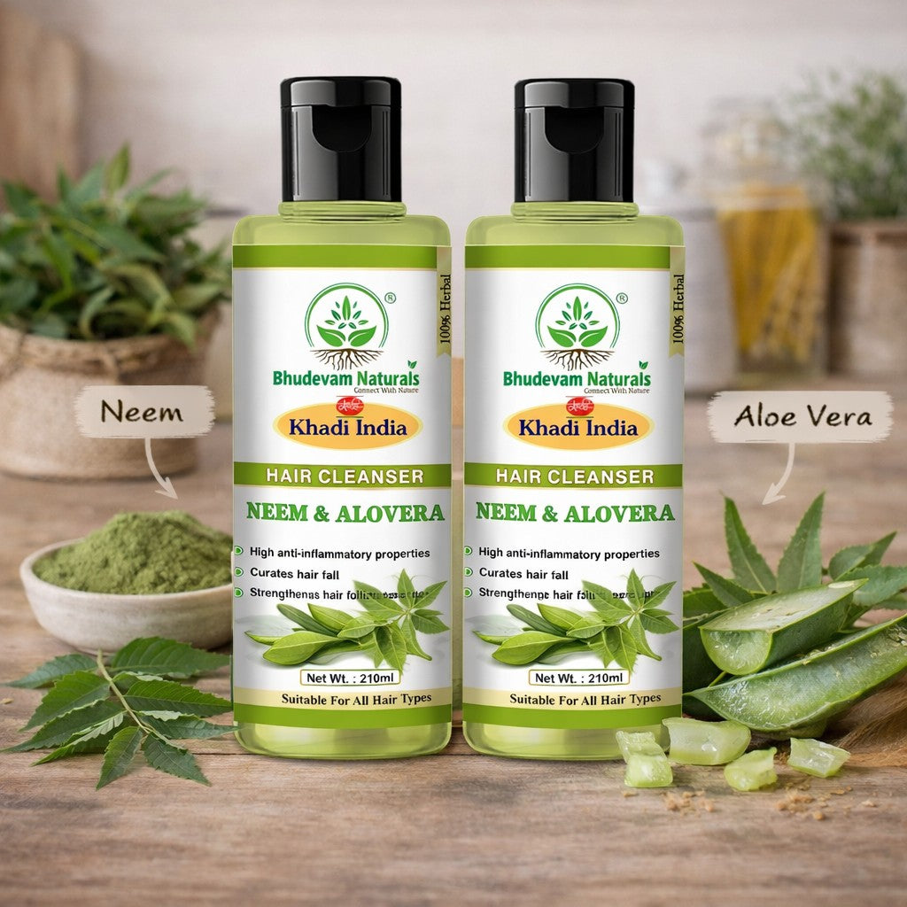 Bhudevam Naturals Khadi Neem & Aloe Vera Shampoo – Reduces Hair Fall & Adds Shine- 420ML (Pack of 2)
