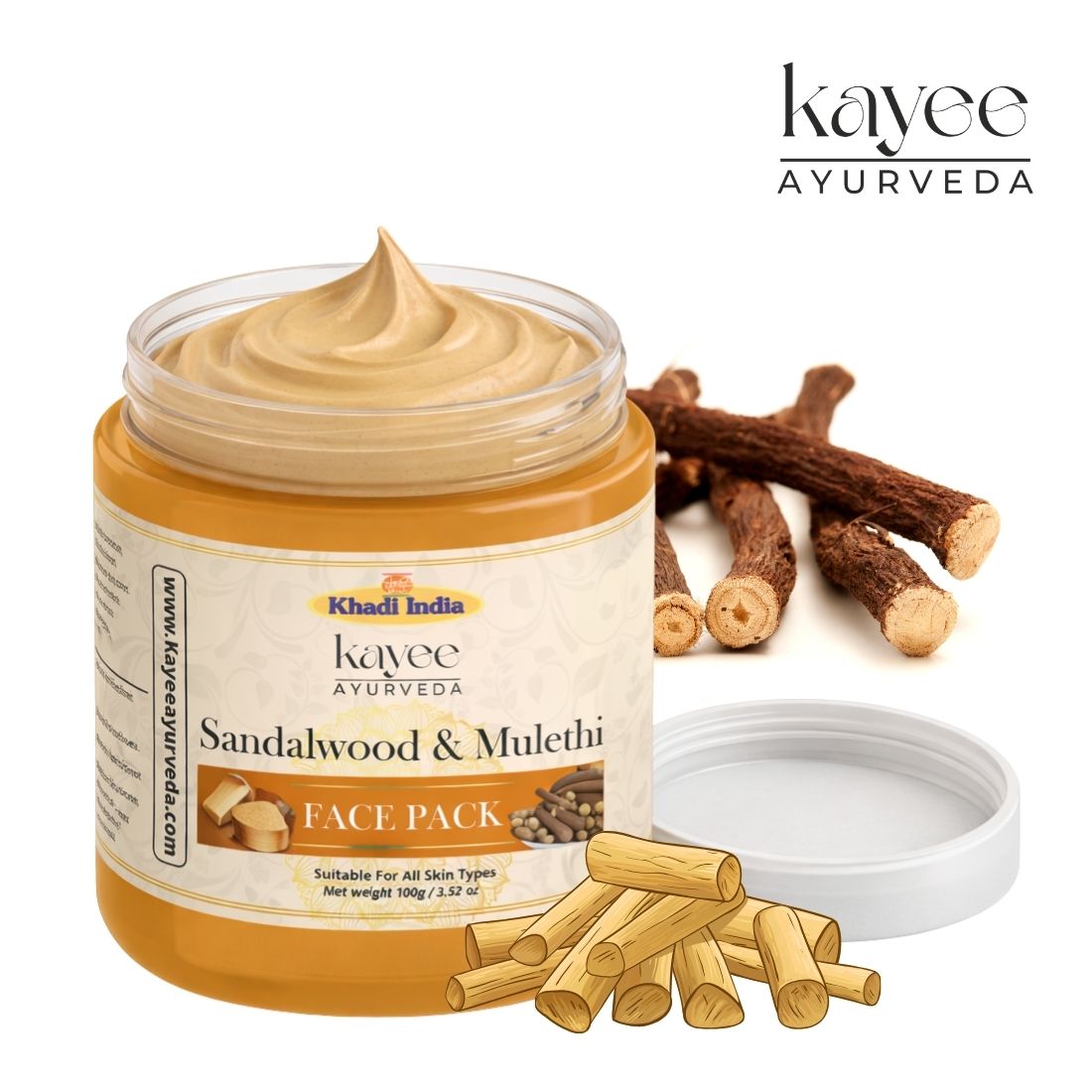 Kayee Ayurveda Sandalwood & Mulethi Face Pack for Men & Women | Herbal Facial Mask with Chandan & Licorice for Dull & Uneven-Looking Skin | Helps Remove Dirt, Excess Oil & Surface Impurities for Soft, Smooth & Radiant-Looking Skin