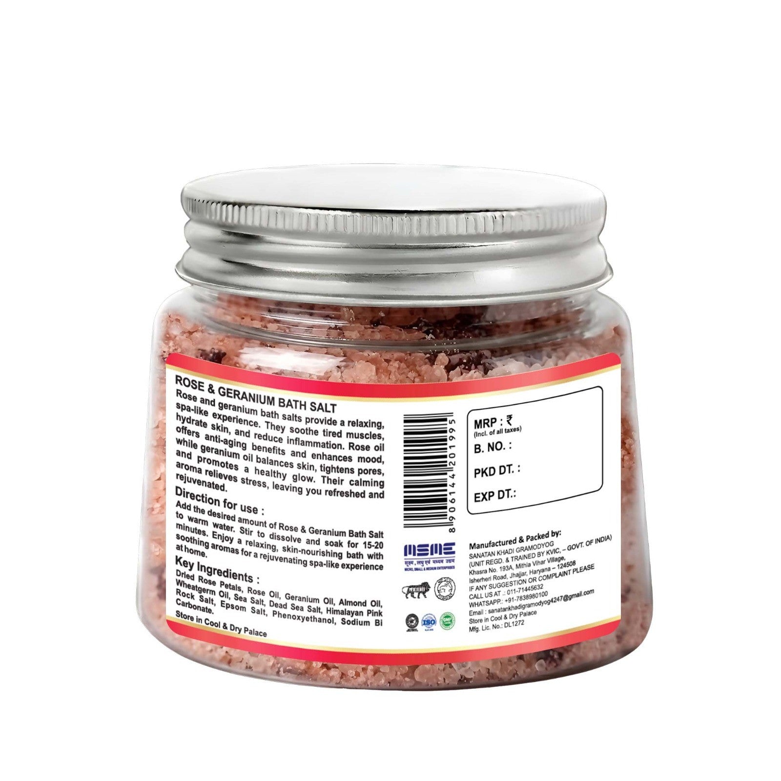 Bhudevam Naturals Khadi Rose Geranium Bath Salts for Relaxation – Natural Aromatherapy Soaking Salts with Essential Oils for Stress Relief & Skin Care- 200GM