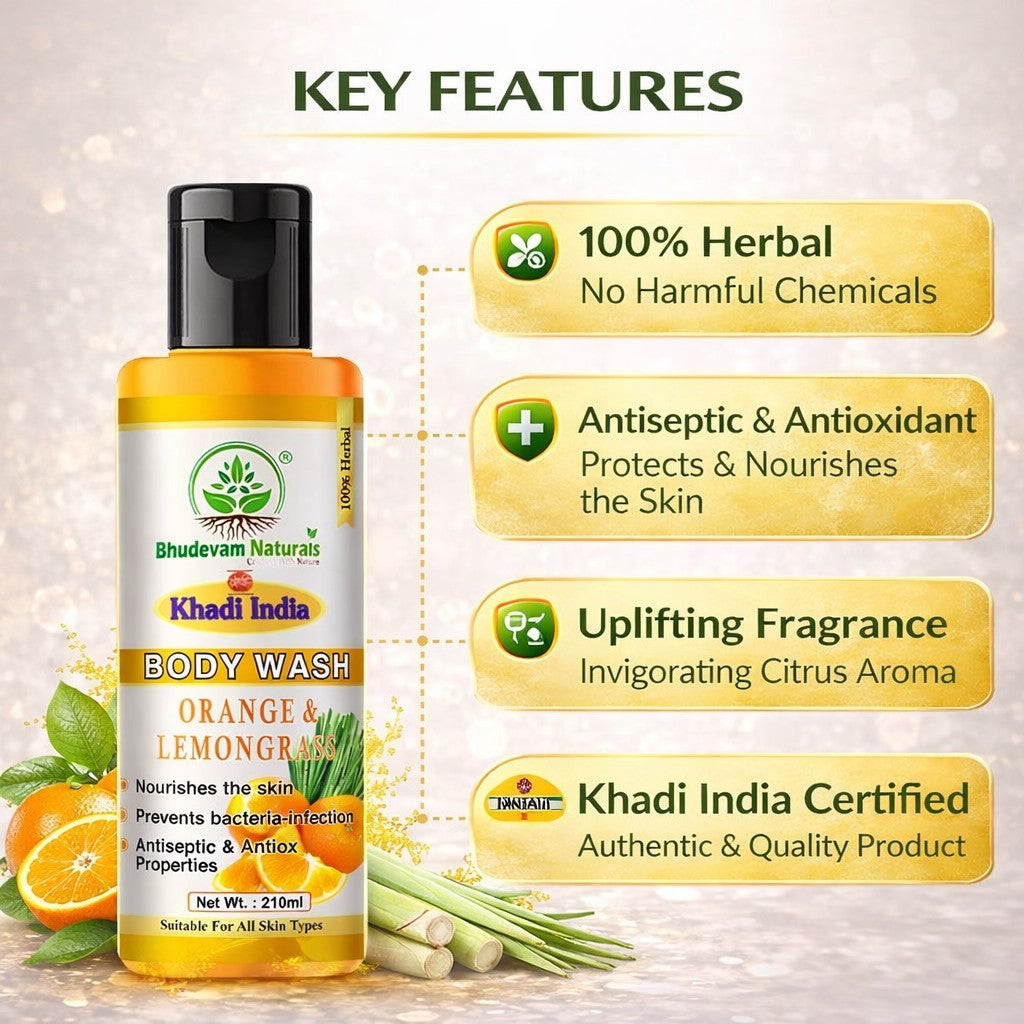 Bhudevam Naturals Khadi Orange & Lemongrass Body Wash, Refreshing Citrus Shower Gel for Soft & Glowing Skin- 210ML