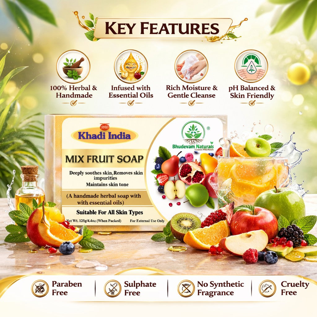 Bhudevam Naturals Khadi Handmade Mix Fruit Soap – Vitamin-Rich Skin Brightening Bath Soap - 500GM (Pack of 4)