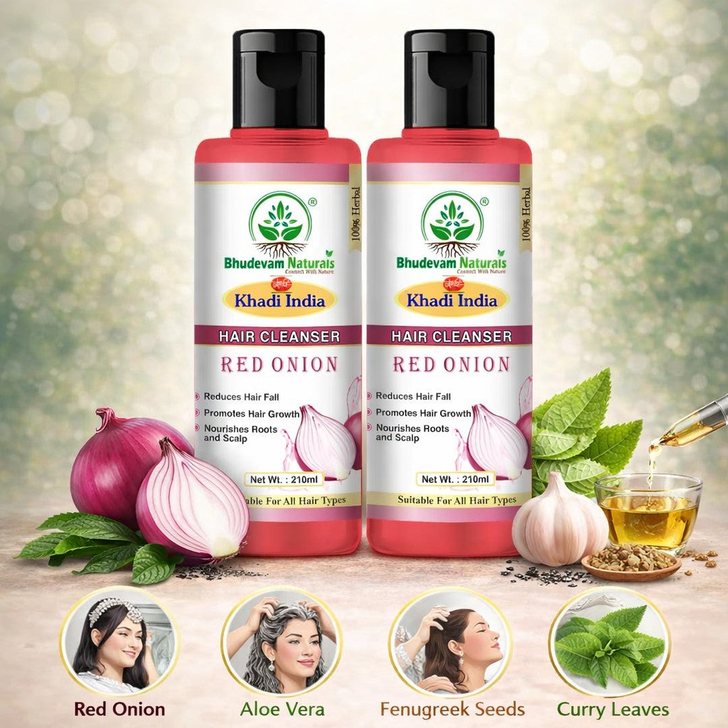Bhudevam Naturals Khadi Red Onion Hair Shampoo – Anti-Hair Fall & Strengthening Formula- 420ML (Pack of 2)